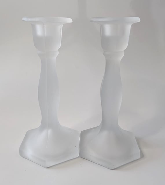 Vintage - Pair of Frosted Glass Candle Holders / Candle Holders - 7.5'' Tall