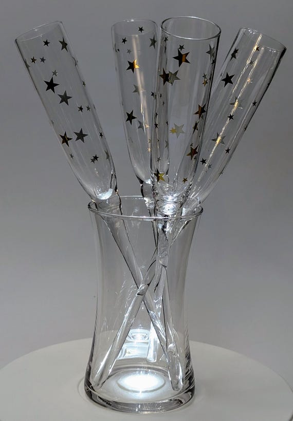 Beautiful Set of 4 Champagne Stemless Flutes with Glass Ice Bucket - Flutes with Gold Stars, 12'' High