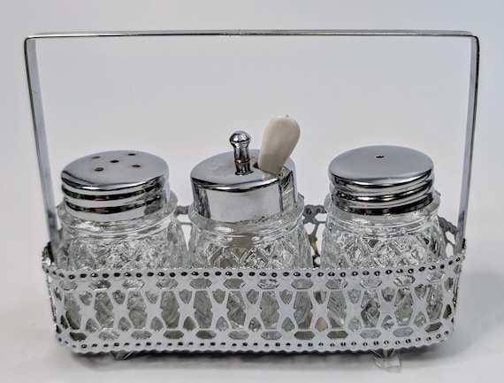 Vintage - Salt & Pepper Shaper with condiment with holder - shakers measure 2.5''tall