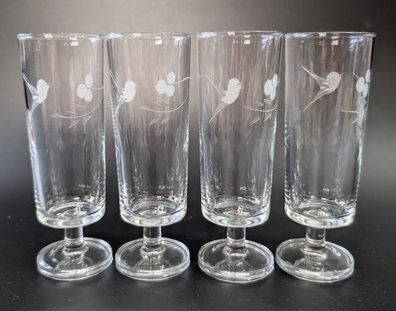Vintage - Set of 4 Glasses Engraved with Birds - Luminarc 5.5" tall