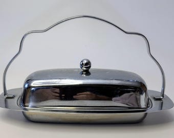 Vintage - Silver Metal Butter Dish with Handle and lid - 9.5''long x 5.5'' wide