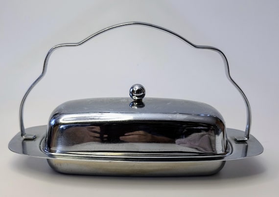Vintage - Silver Metal Butter Dish with Handle and lid - 9.5''long x 5.5'' wide