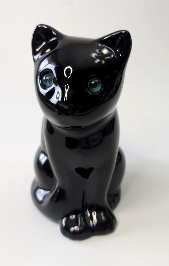 Vintage - Black Cat Figurine with blue eyes - MCM - measures 6'' high