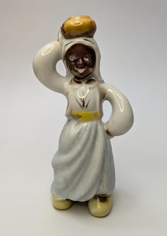 Vintage - Colored Woman Figurine with Basket on Head - Hand Painted - 6''Tall