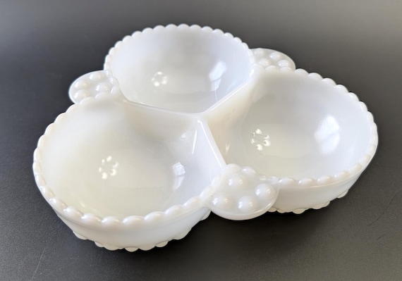 Vintage - 3-section dish - Moonstone - Anchor Hocking - Milk glass - measures 6.25'' wide x 6.25'' long