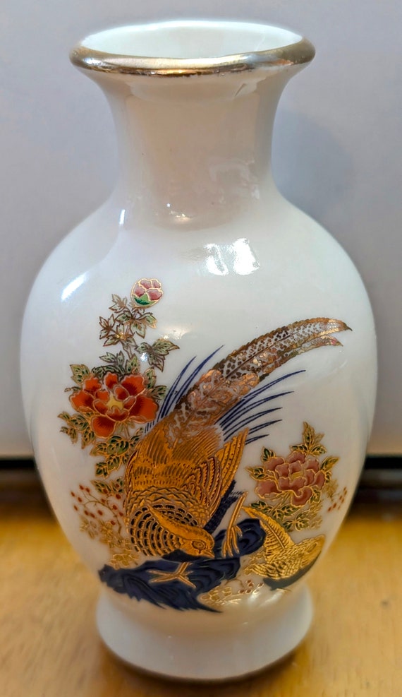 Vintage - Small Jar / Vase - Hand Painted - Pheasant / Peacock - Measures 3" Tall Japan