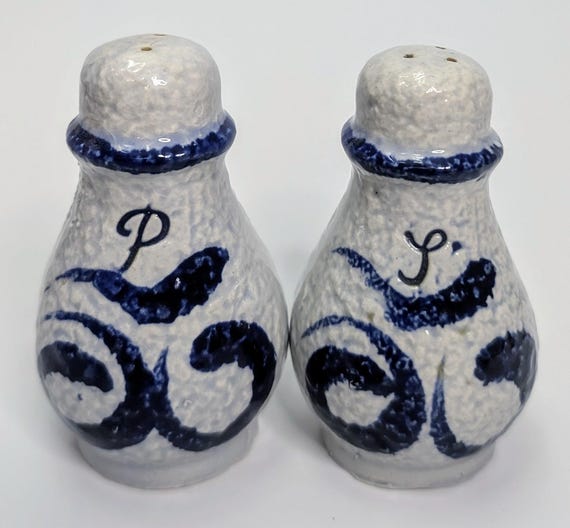 Vintage - Salt and Pepper Shakers Set - German Pottery - grey and blue - 3.5'' Tall
