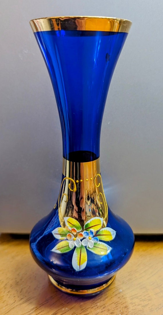 Vintage Bohemian Glass Cobalt Vase, Czech, Gold accent - Hand Painted - Measures (7'')tall