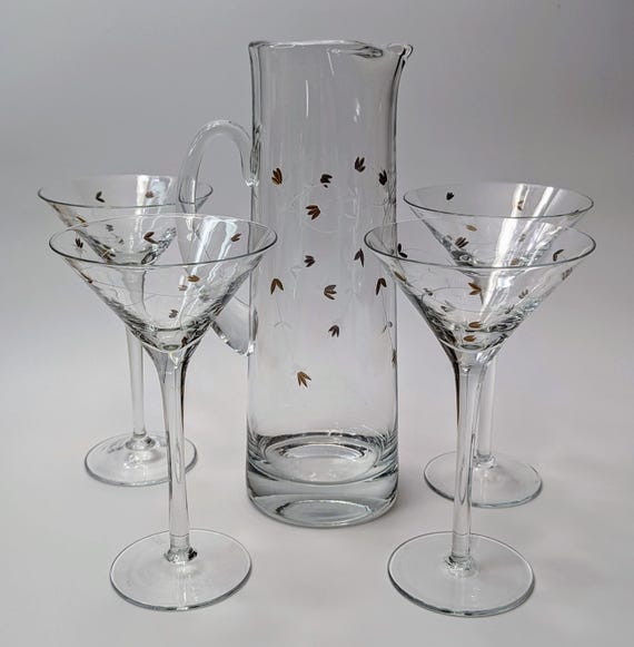 Vintage - Martini Set Including Pitcher and 4 Glasses - Has Delicate Gold Tone Floral Engravings - 12''Tall