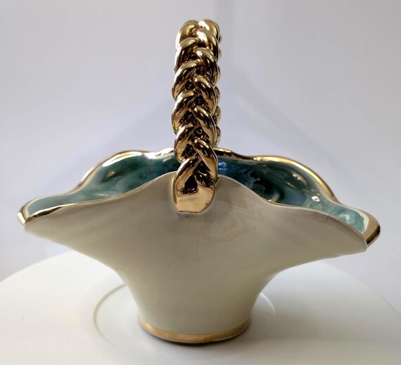 Vintage Decorative Basket - Candy Dish - Teal/Tan and Gold - Trinket - Measures 7.5''long x 6.5'' High