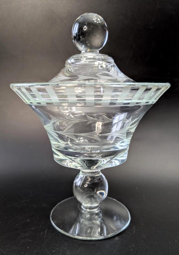 Vintage - Compote / Candy Dish on Stand with Lid - Etched Flowers - Glass - 10'' high