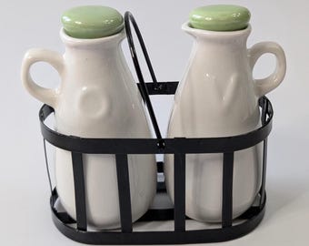 Vintage - Oil and Vinegar Bottle Set with Stand - metal and ceramic - 4.5'' high