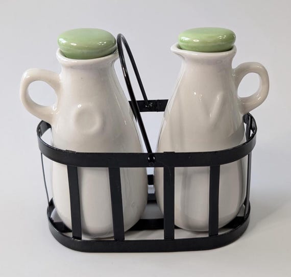 Vintage - Oil and Vinegar Bottle Set with Stand - metal and ceramic - 4.5'' high