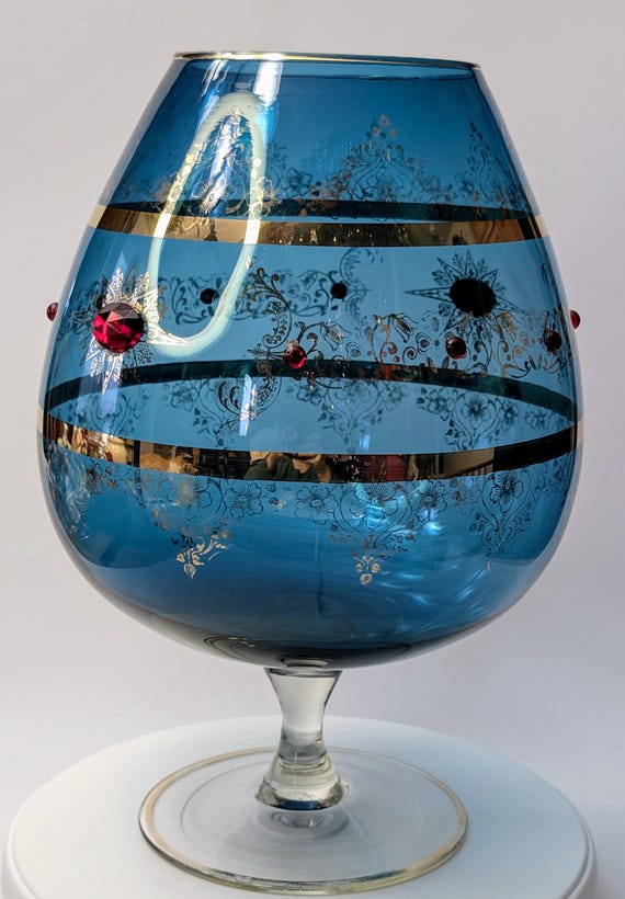 Vintage - Stunning Large Bohemian Glass Vase - Gilding and Red Stones - 13'' Tall