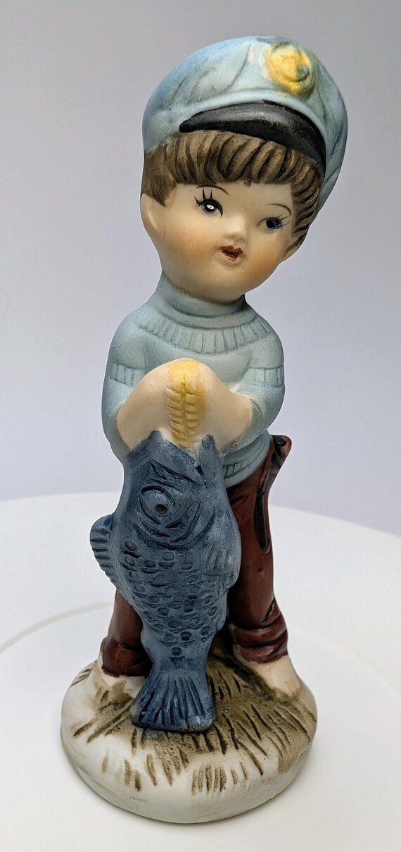 Vintage - Figurine - Boy with Big Fish - Porcelain - 4''Tall