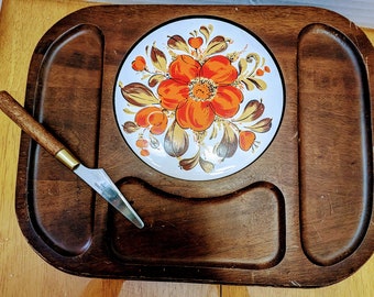 Vintage MCM Wooden Plate & Charcuterie Ceramics 13'' x 10.5'' With Original Knife