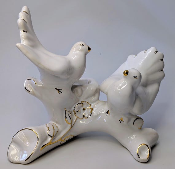 Vintage - Birds Figurine on a White Porcelain Branch with Gilding - Candlestick - 6''long x 6.5'' Tall