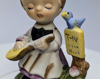 Vintage - Figurine - Napco - Girl / Girl with Mandolin and Blue Bird - Porcelain - 4.5''Tall
