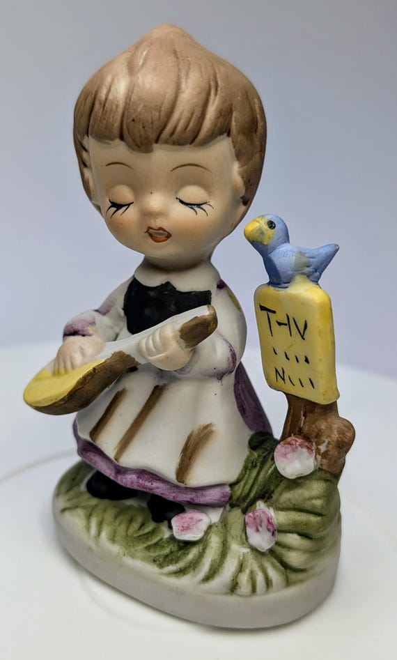 Vintage - Figurine - Napco - Girl / Girl with Mandolin and Blue Bird - Porcelain - 4.5''Tall