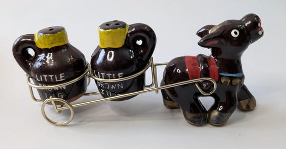 Vintage - Salt & Pepper Shaker - Mule / Donkey pulling jugs - ceramic - 7'' long x 3'' high