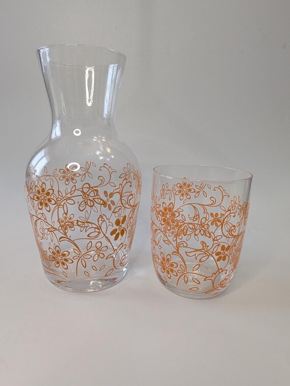Cute Night Water Pot - glass with orange design - 6.75'' high without the drinking glass