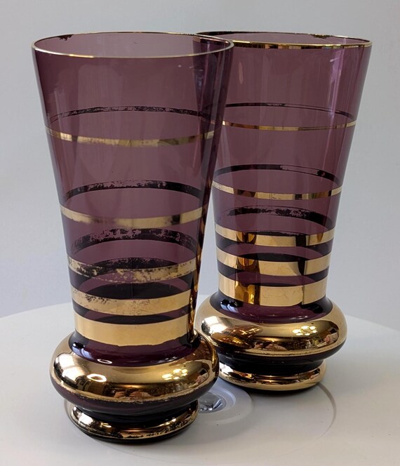 Vintage - Czech MCM - Pair of Amethyst & Gold Tone Glasses - Measures 5.75'' Tall