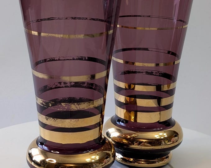 Vintage - Czech MCM - Pair of Amethyst & Gold Tone Glasses - Measures 5.75'' Tall