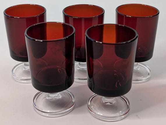 Vintage - Luminarc Glass - France - Cavalier - Set of 5 Glasses - Ruby - Measures 3''tall x 1.5''diam.