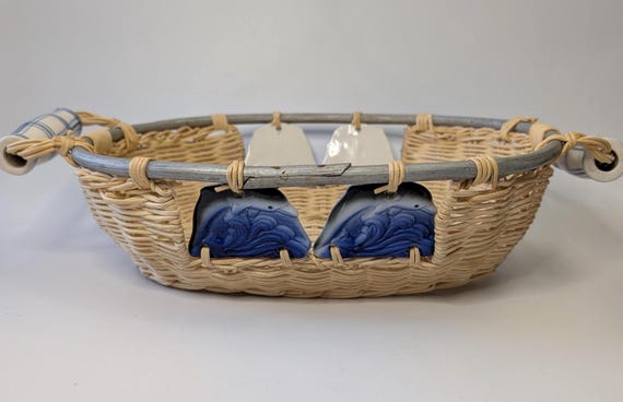 Vintage - Wicker Basket with Blue Ceramic Accent - measures 12''long