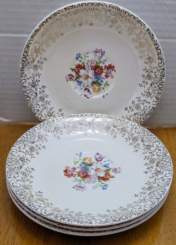 Vintage - French Saxon China 22k Gold Ornament- Set of 4 saucers measuring 6" diam