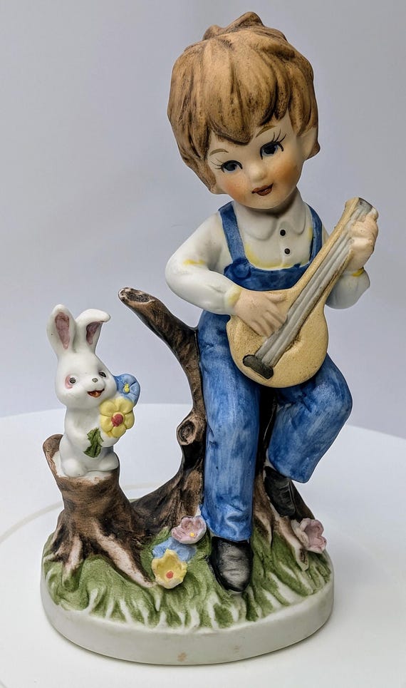 Vintage - Figurine - Young Boy with Mandolin and White Rabbit - Porcelain - 5''Tall