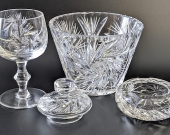 Vintage - Lot of 4 Crystal Items - Pinwheel Pattern - Bowl, Glass, Ashtray and Lid - Replacement Parts