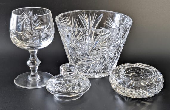 Vintage - Lot of 4 Crystal Items - Pinwheel Pattern - Bowl, Glass, Ashtray and Lid - Replacement Parts