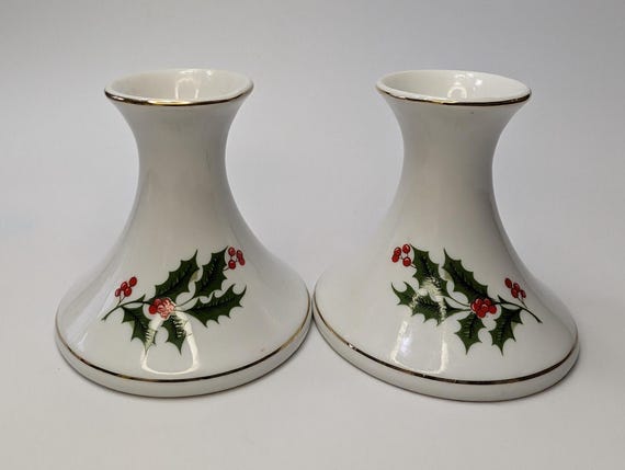 Vintage - Pair of Porcelain Candlesticks / Christmas Candlesticks - 4'' Tall x 3.5'' Wide