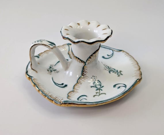 Vintage - Delicate candle holder, hand candlestick - porcelain - marked Belzile - measures 5.5" in diameter