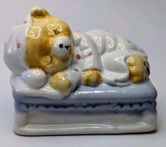 Vintage - Bank / Piggy Bank - Teddy Bear in Bed - Porcelain - 4''long x 2.5wide x 3'' high