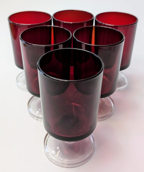 Vintage - Set of 6 Red Ruby Glasses - Luminarc Wine Jumper - 4" Tall x 2.5'' Diameter