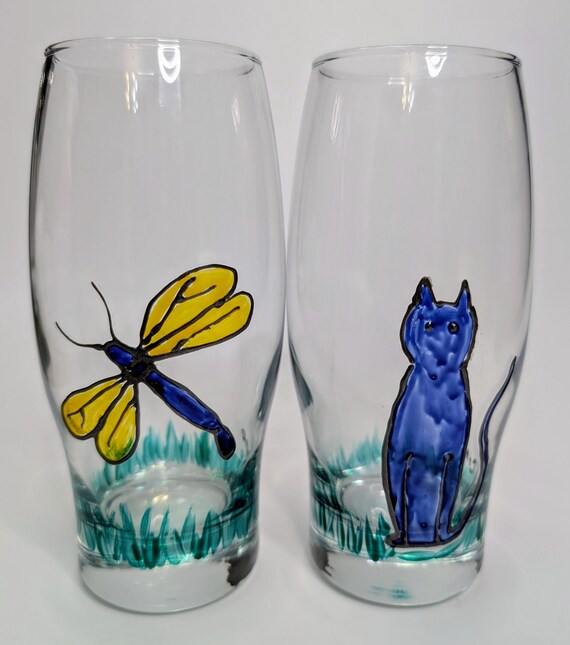 Vintage - Pair of Glasses with Designs - Dragonfly and Cat -6.75'' Tall