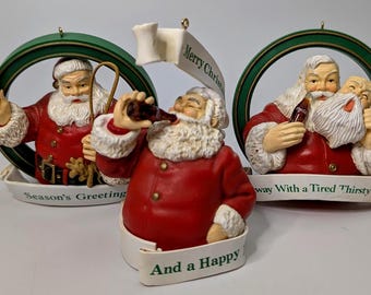 Vintage - 1990 Coca-Cola - Coke - Set of 3 - Christmas Ornament - Santa Claus - 4'' tall