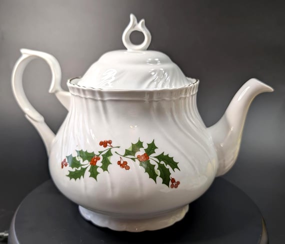Vintage - Christmas Teapot - White - Porcelain - Romania - 10 inches long x 7.5 inches high