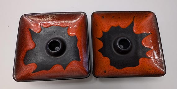 Vintage - Beautiful pair of candle holders - Beauce pottery - orange and black - rare - 6''long x 6''wide