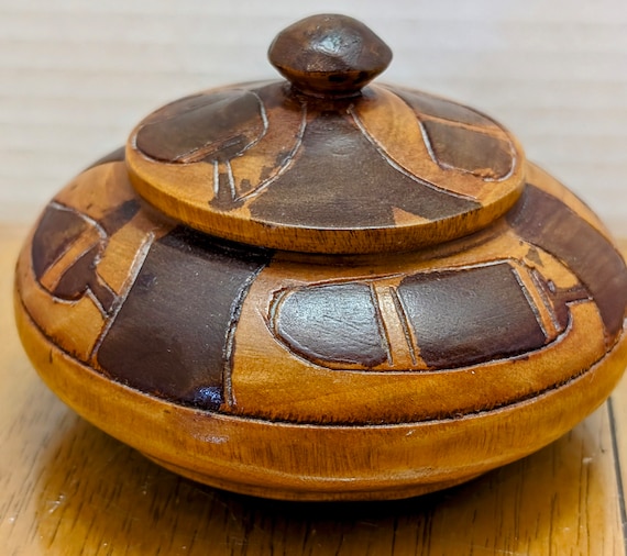 Vintage - Cute Carved Trinket Box with Wooden Lid, Measures 5" at Widest