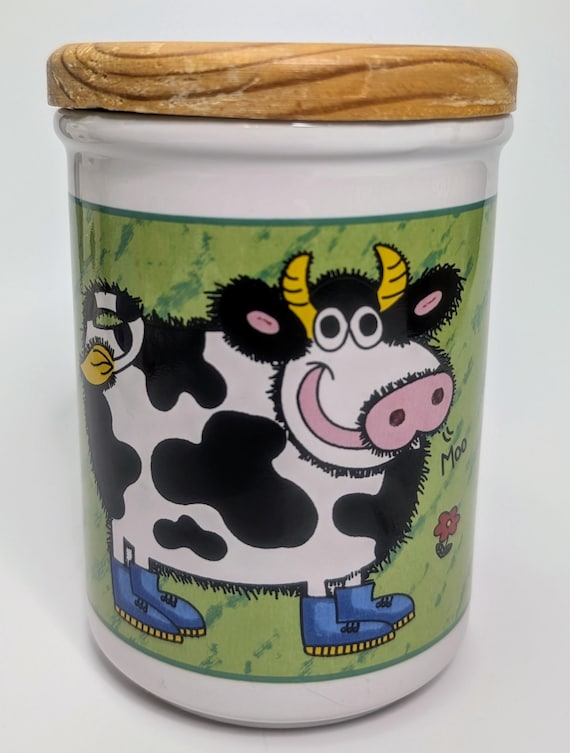 Vintage - Storage Pot / Coffee Jar - Cow with Blue Boots - Ceramic - 5''Tall