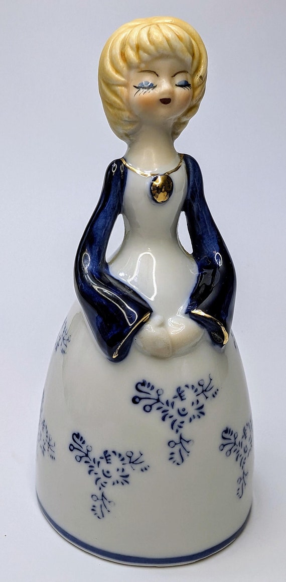 Vintage - Cute Porcelain Bell - Blond girl in white & blue dress - 6''haut
