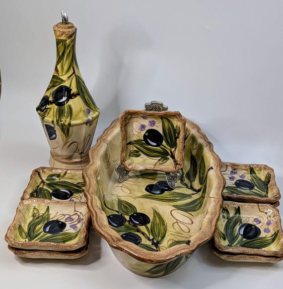Vintage - Olive Oil and Dip Accessory Set - Tray, Bottle and 8 Small Square Plates - Hand Painted