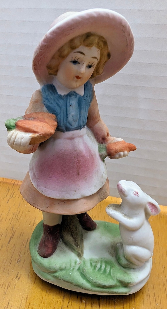 Vintage - Little Girl and White Rabbit Porcelain Figurine - 5'' Tall