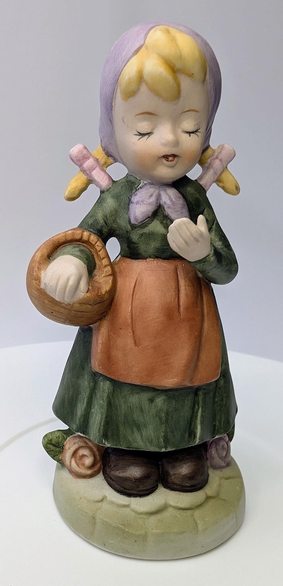 Vintage - Figurine - Little Girl with Green Dress and Basket - Marked Korea - Porcelain - 5''Tall