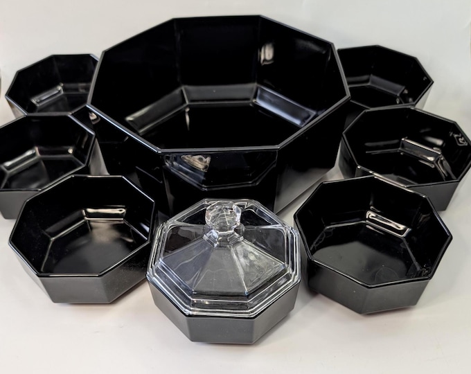 Featured listing image: Vintage - Arcoroc Black Octagonal Set - Large Bowl and 6 Small Bowls + 1 Small Dish with Lid - in Black Glass