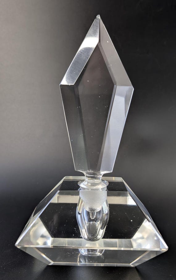 Vintage - Elegant Perfumer / Crystal Perfume Bottle - measures 8'' high (with cap) x 5'' long x 3'' wide