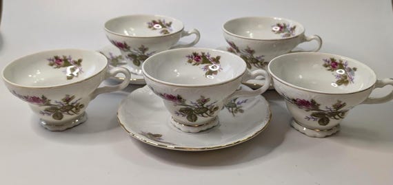 Set of Porcelain Cups and Saucers - marked 'made in Japan' - White and Pink